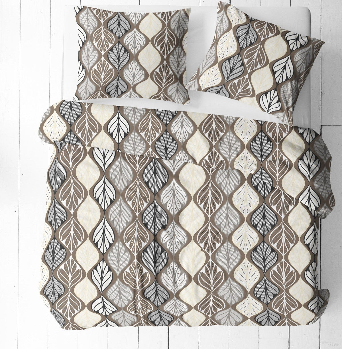 Tissu 100 % coton à motif de feuilles beige-gris – disponible en ligne chez Šarlotes audumi