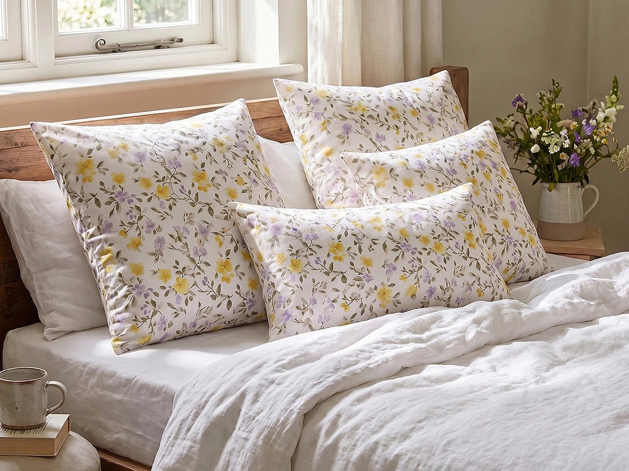 Bild mit 100% Baumwollstoff – gelben und lila Blumen – online erhältlich bei Šarlotes audumi