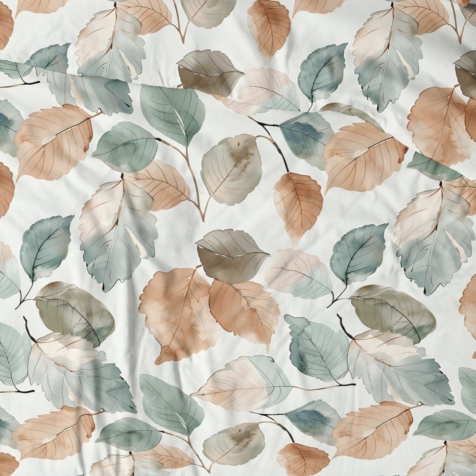 Image en tissu 100 % coton à motifs feuilles, 125 g/m² – disponible chez Šarlotes audumi