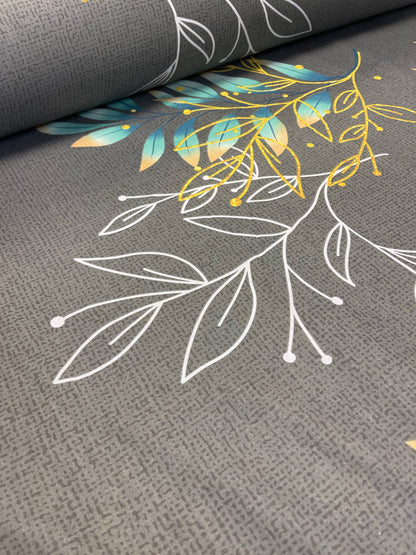Tissu 100 % coton - feuilles sur fond gris 220 cm 146 g/m²