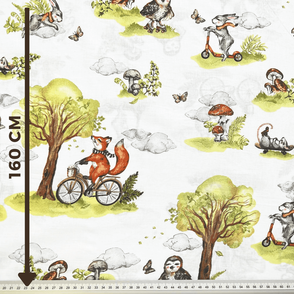 100% Cotton fabric - fox on a bike 125 g/m²