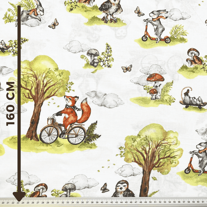 100% Cotton fabric - fox on a bike 125 g/m²