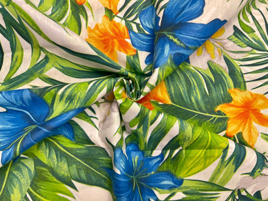 100% Cotton fabric - orange with blue tropical flowers 125 g/m