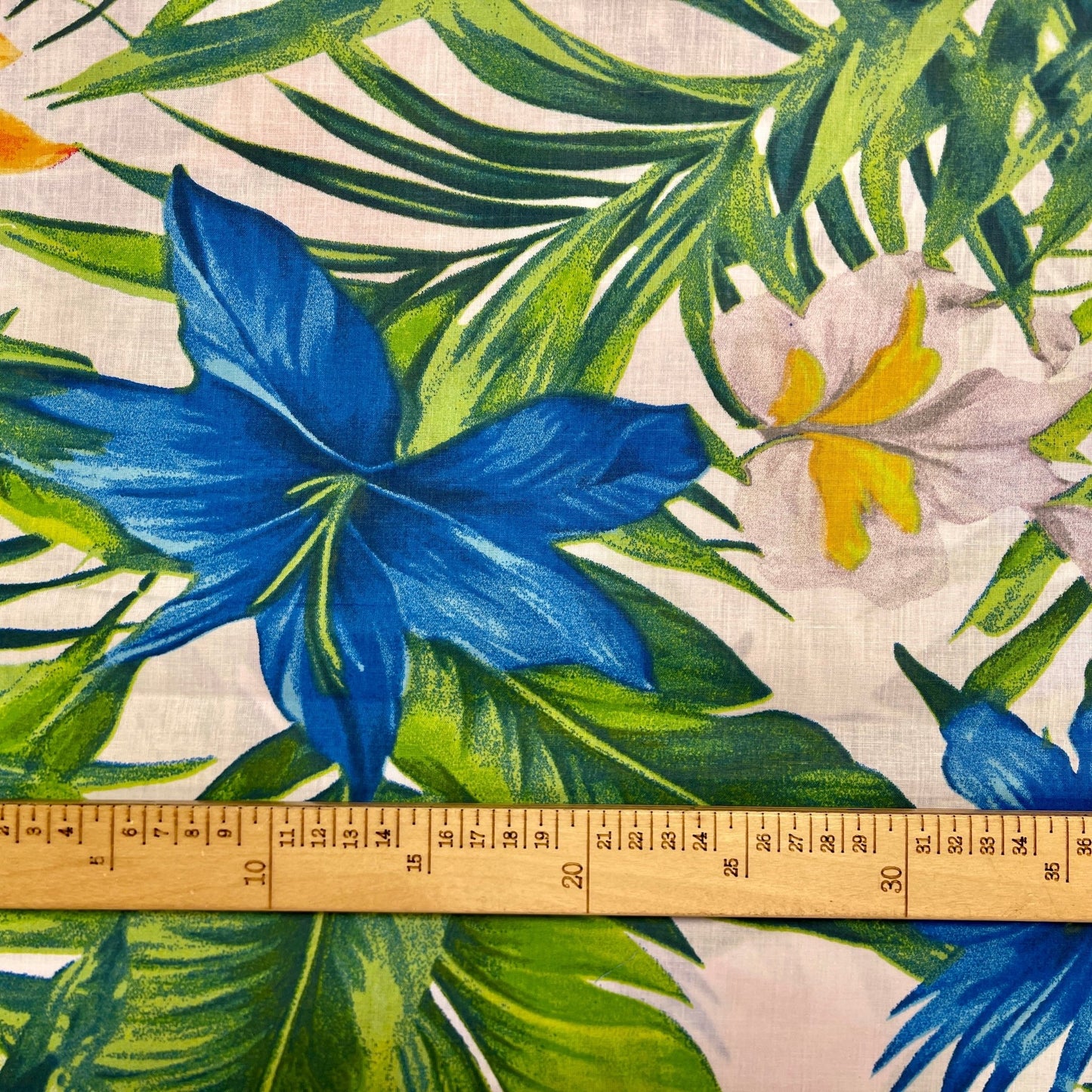 100% Cotton fabric - orange and blue tropical flowers 125 g/m
