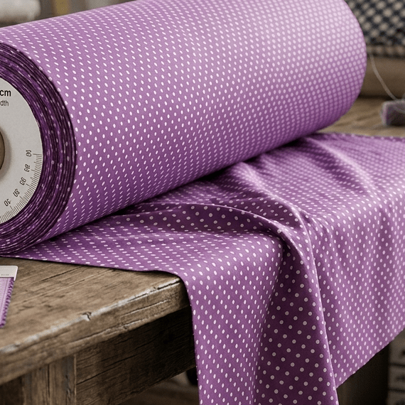 Image de tissu 100 % coton à pois Ø2 mm sur fond lilas 125 g/m² (bientôt disponible) – disponible chez Šarlotes audumi