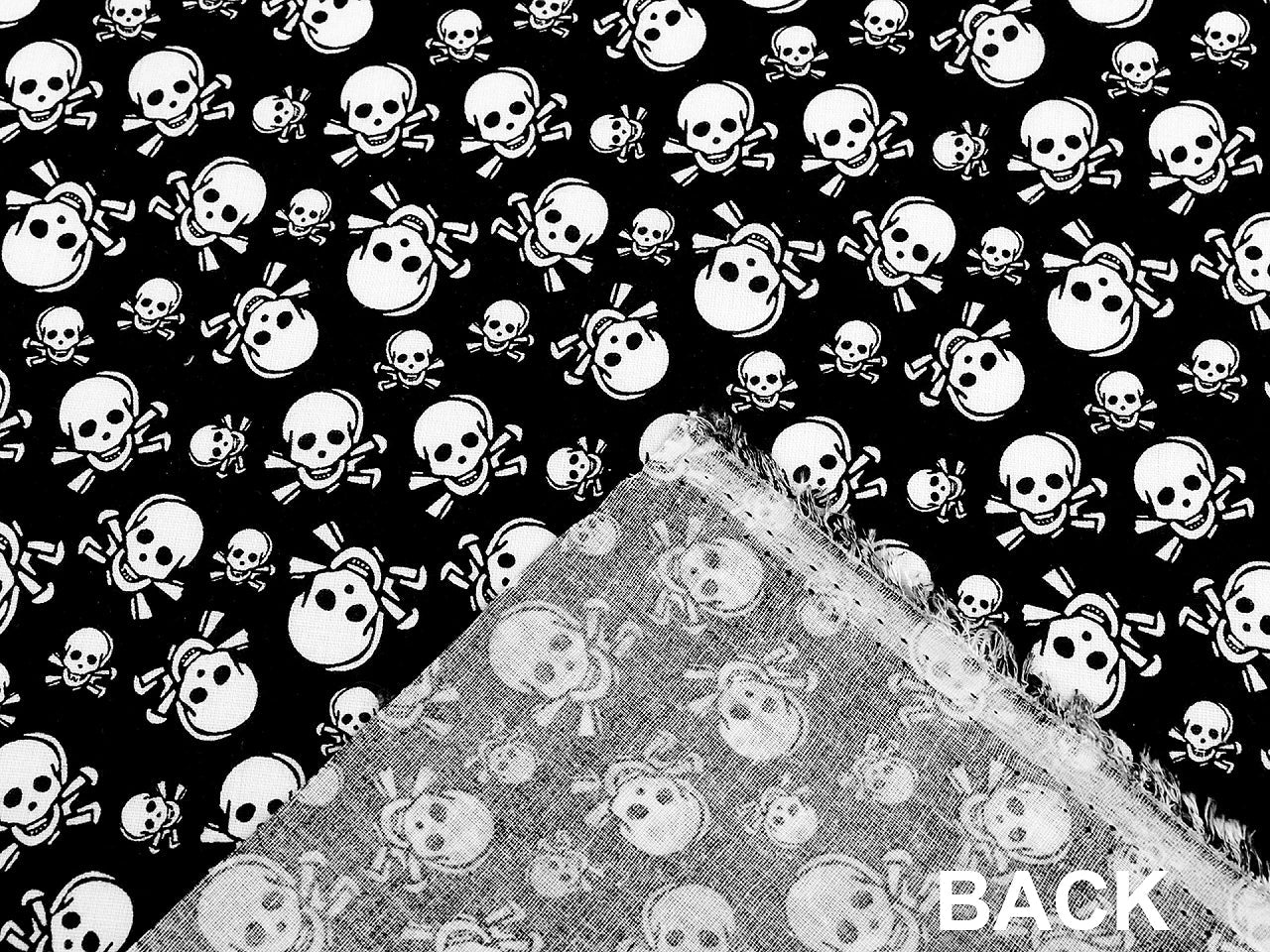 Image avec tissu 100 % coton à motif têtes de mort 125 g/m² – disponible chez Šarlotes audumi