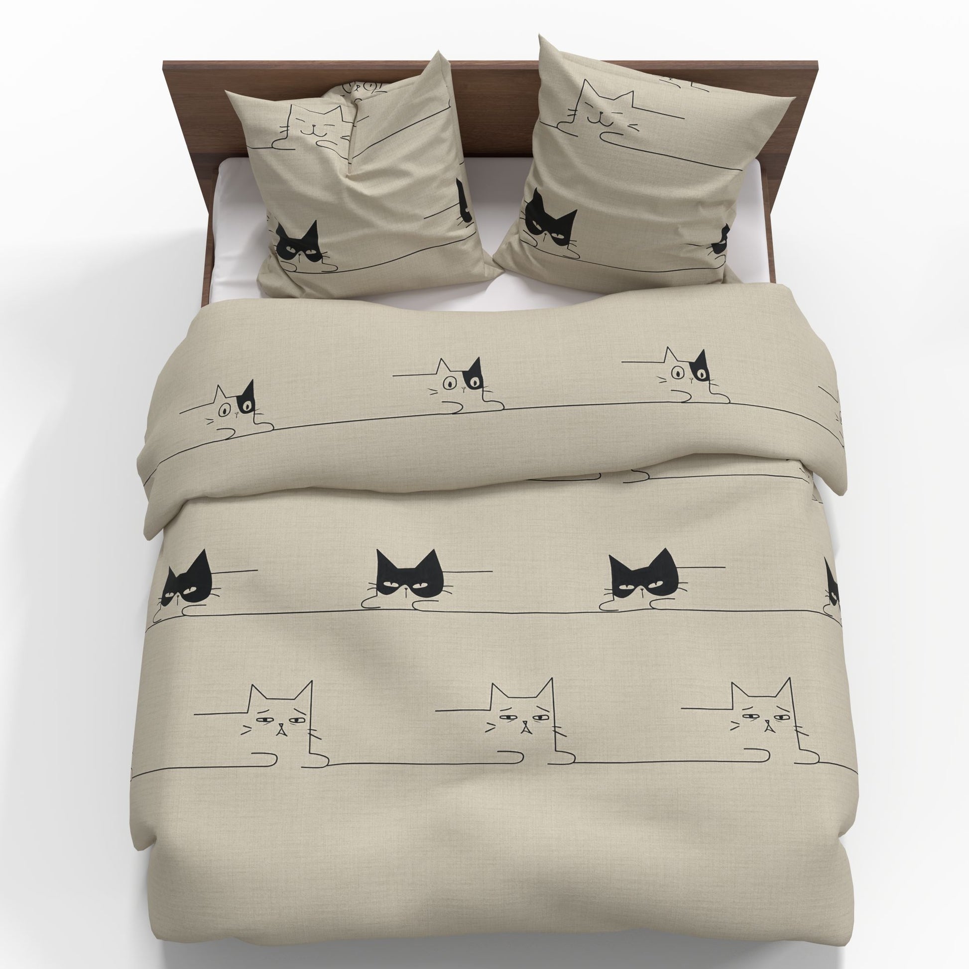 Bild eines 100% Baumwollstoffs in Beige mit Katzenmotiven, 220 cm – online erhältlich bei Šarlotes audumi