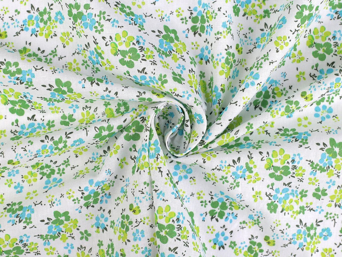 Image en tissu 100 % coton à petites fleurs vertes délicates – disponible en ligne chez Šarlotes audumi