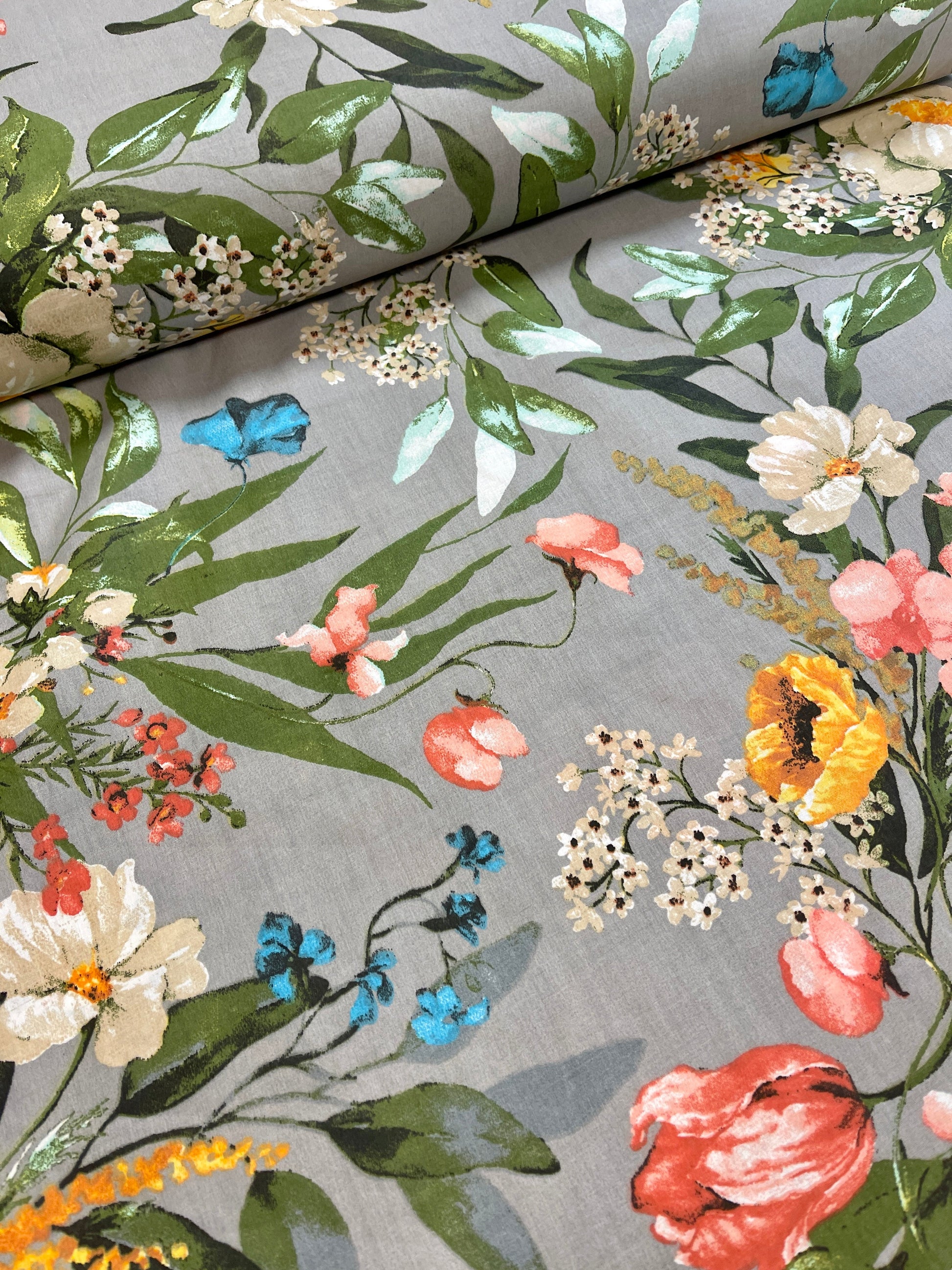 Image with 100% cotton fabric - flowers on gray 125 g/m² – available at Šarlotes audumi