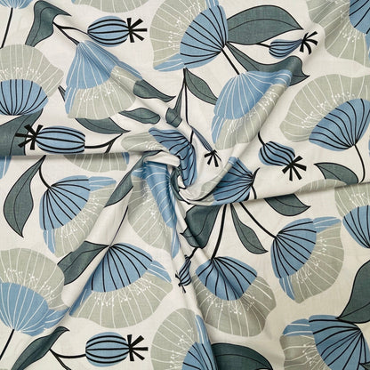Tissu 100 % coton, motif floral bleu sur fond gris clair, 125 g/m