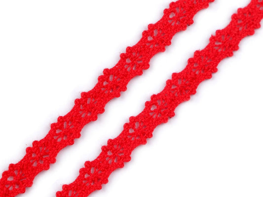 Attēls ar 100% Kokvilnas mežģīne 1,2 cm - sarkana – pieejams Šarlotes audumi