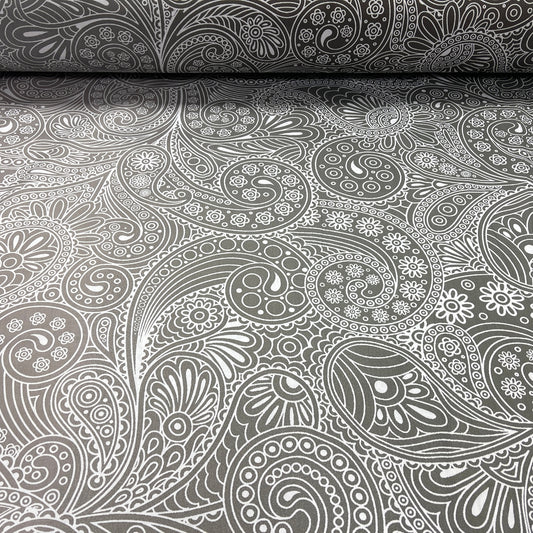 100% satin de coton - motif abstrait sur fond gris 220 cm 125 g/m²