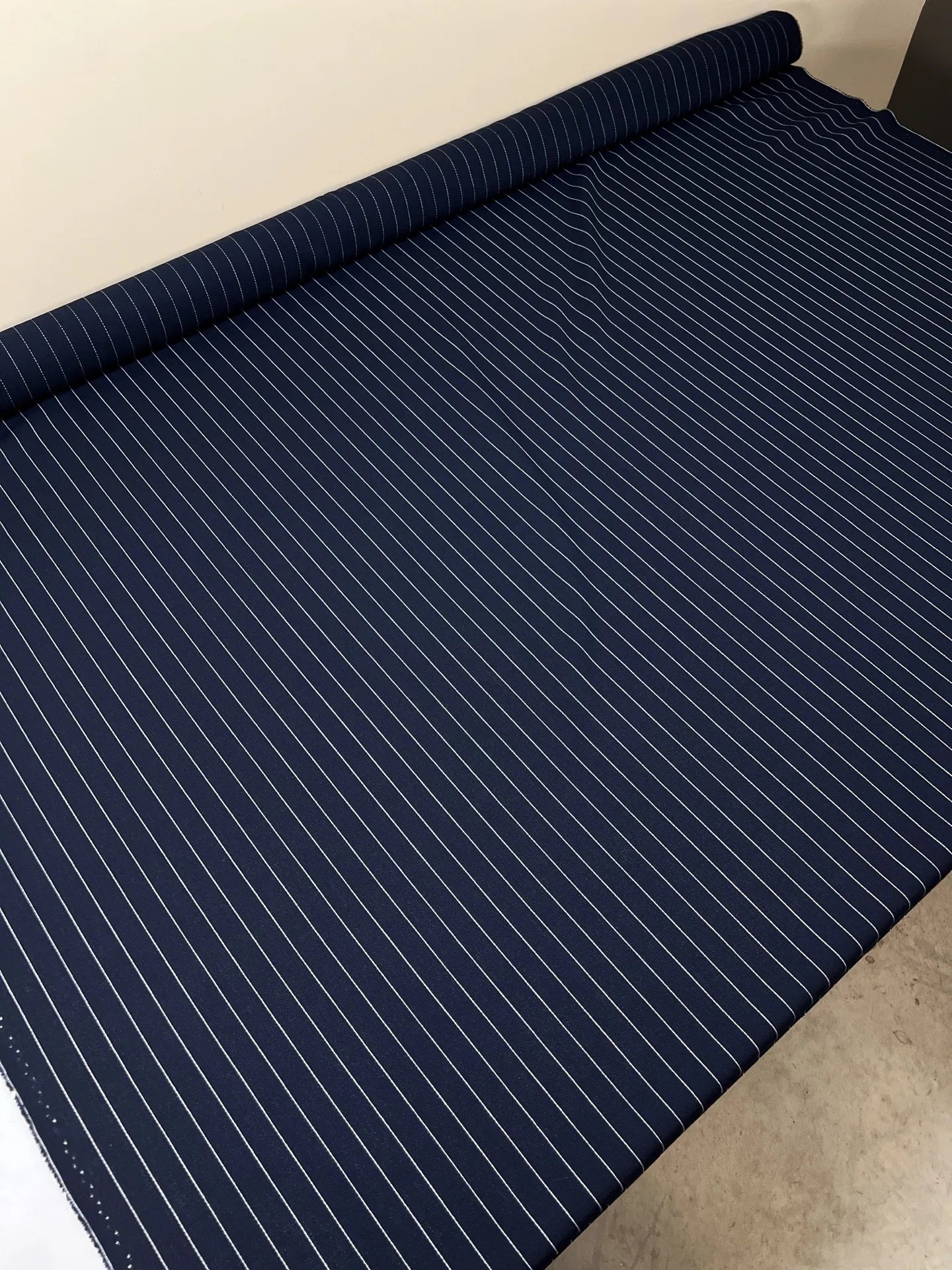 100% Wool fabric - dark blue with white stripes 230 g/m²
