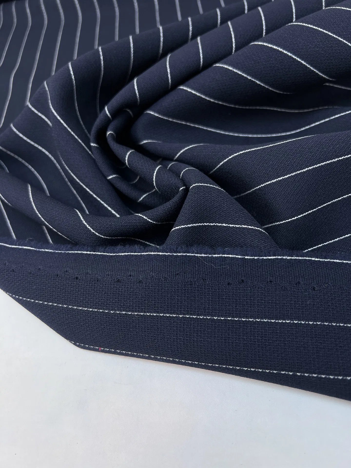 100% Wool fabric - dark blue with white stripes 230 g/m²