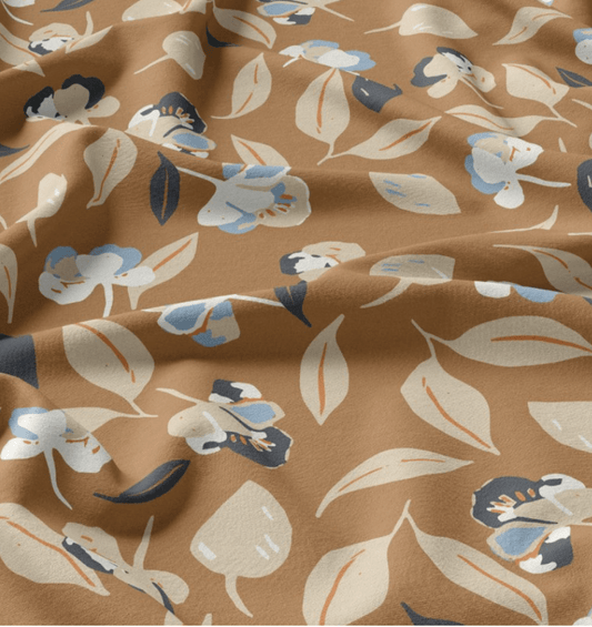 Image avec tissu 100 % viscose - motif feuilles marron 120 g/m² – disponible chez Šarlotes audumi