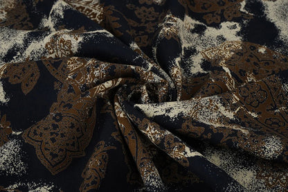 Image of 100% viscose fabric - brown and black pattern 135 g/m² – available at Šarlotes audumi