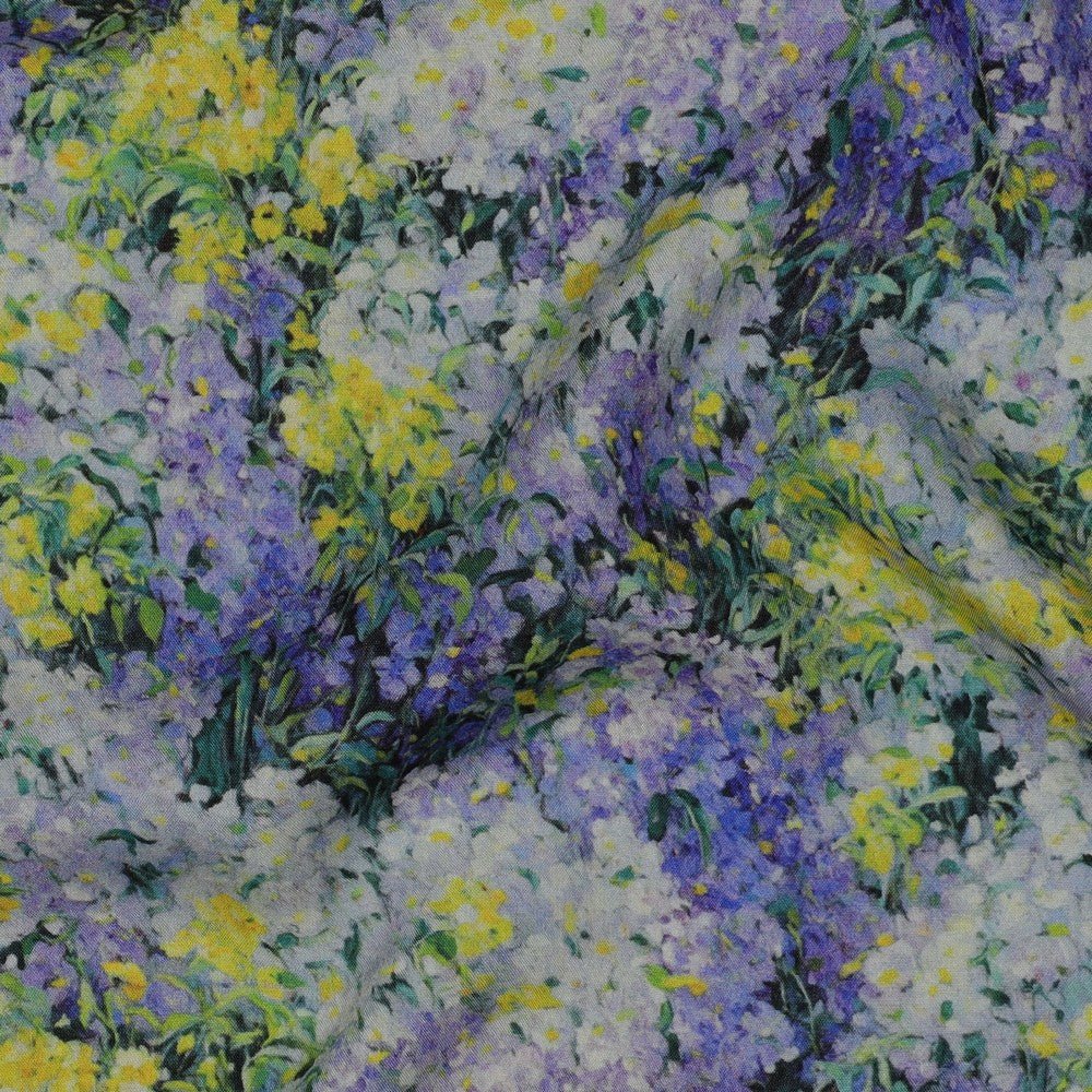 Image of 100% viscose fabric - lilacs and mimosa 135 g/m² – available at Šarlotes audumi