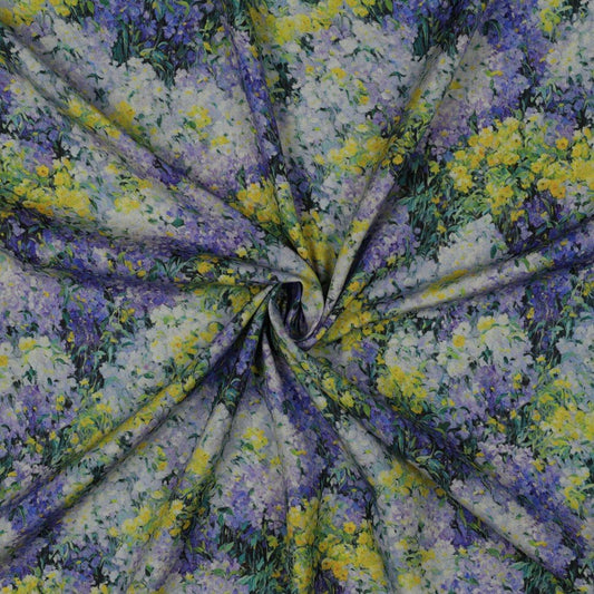 Image avec tissu 100 % viscose - lilas et mimosas 135 g/m² – disponible chez Šarlotes audumi