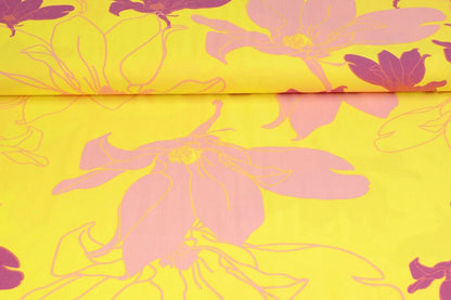 Tissu 100 % viscose - fleurs jaunes et roses 105 g/m²