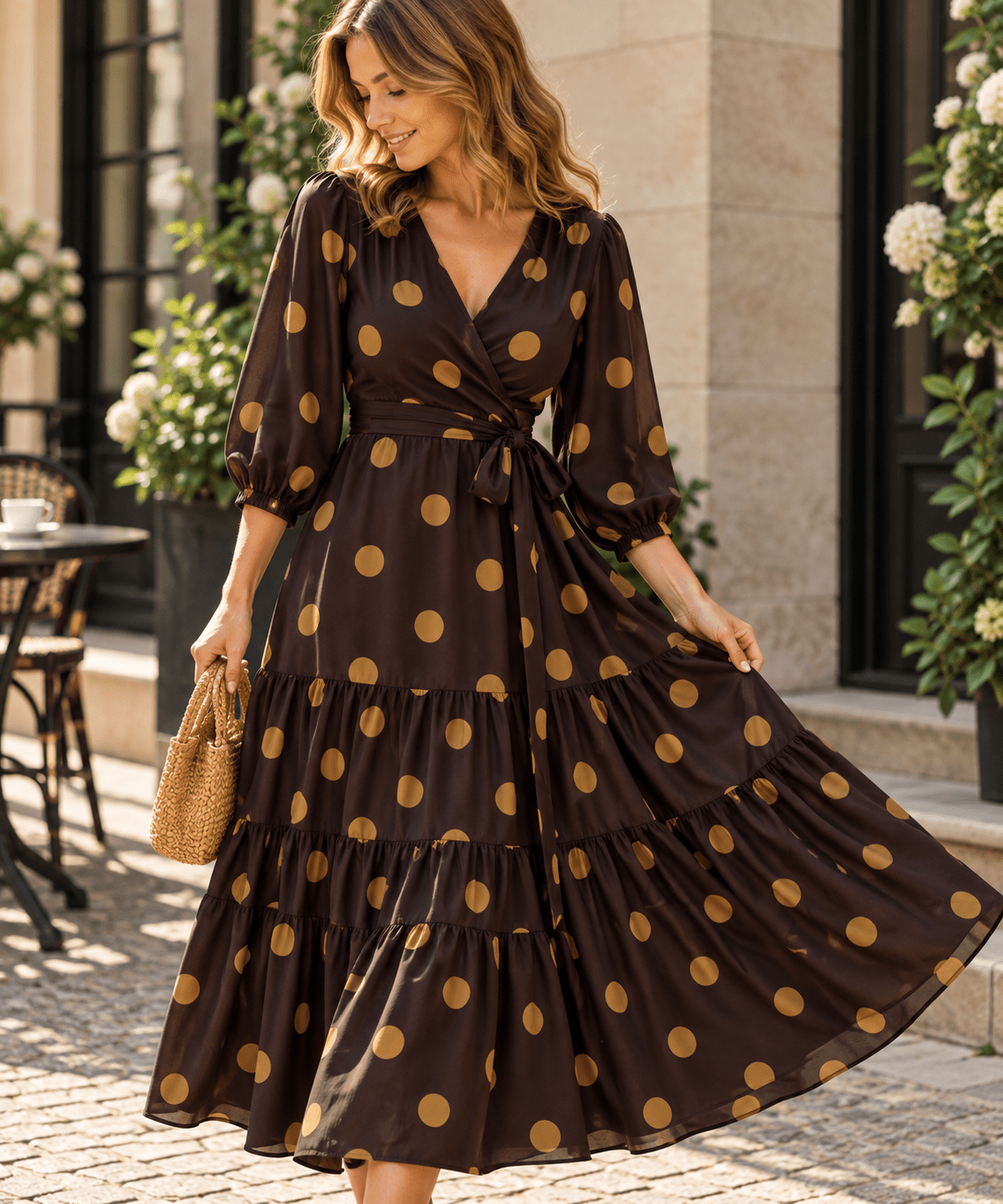 Image de tissu 100 % viscose à cercles kaki sur fond brun – disponible en ligne chez Tissus Charlotte
