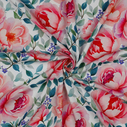 Image en tissu 100 % viscose à motif d'églantines, 135 g/m² – disponible chez Šarlotes audumi