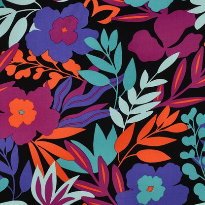 Tissu 100 % viscose LENZING™ ECOVERO™, fleurs dans des tons pétrole – disponible en ligne chez Tissus de Charlotte