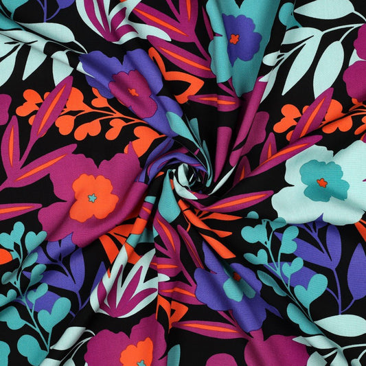 Tissu 100 % viscose LENZING™ ECOVERO™ à fleurs dans des tons pétrole – disponible en ligne chez Šarlotes audumi