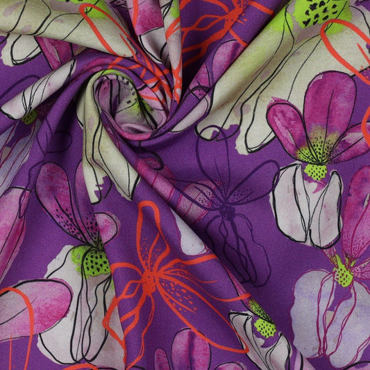Tissu 100 % viscose LENZING™ ECOVERO™ à fleurs sur fond lilas 110 g/m²