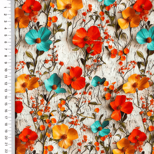 Tissu 100 % viscose - fleurs orange et turquoise 110 g/m²