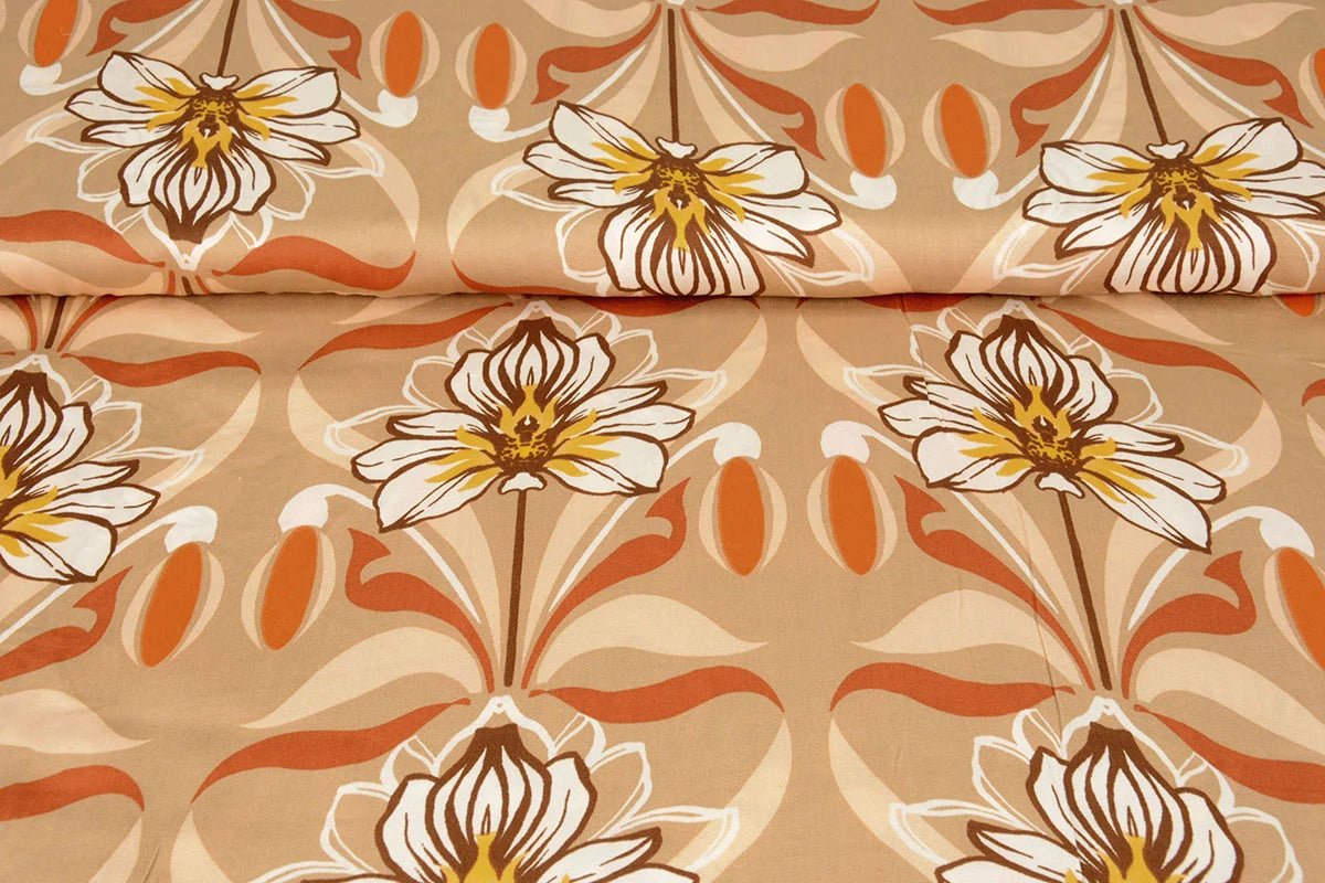 Tissu 100 % viscose - fleurs orange 100 g/m²
