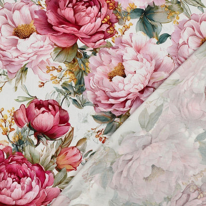 Image avec tissu 100 % viscose, motif pivoines sur fond blanc – disponible en ligne chez Šarlotes audumi