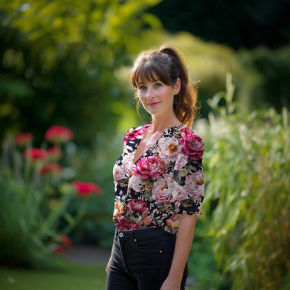 Image avec tissu 100 % viscose, motif pivoines sur fond blanc – disponible en ligne chez Šarlotes audumi