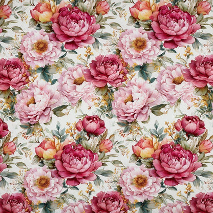 Image avec tissu 100 % viscose, motif pivoines sur fond blanc – disponible en ligne chez Šarlotes audumi