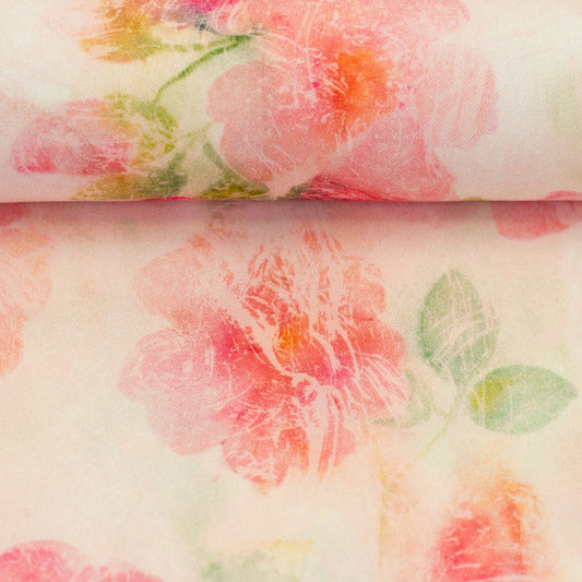 Tissu 100 % viscose - fleurs aux couleurs aquarellées 135 g/m²