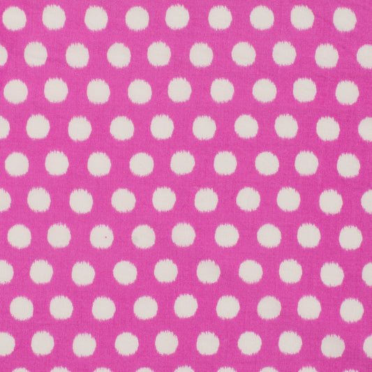 Image of 100% viscose fabric with polka dot pattern on pink – available online at Šarlotes audumi