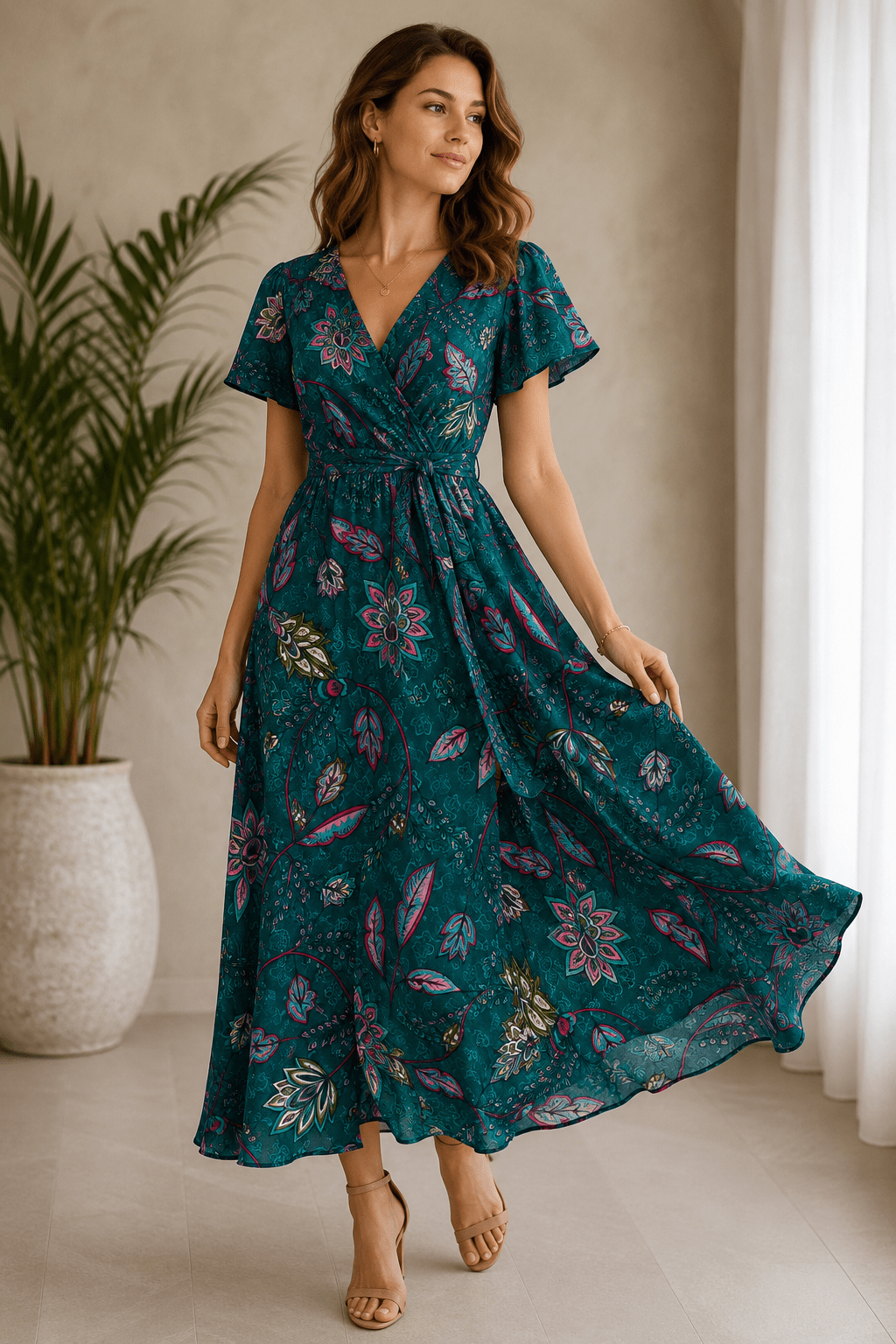 Image avec tissu à motif 100 % viscose sur fond pétrole 90 g/m² – disponible chez Šarlotes audumi
