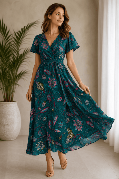 Image avec tissu à motif 100 % viscose sur fond pétrole 90 g/m² – disponible chez Šarlotes audumi