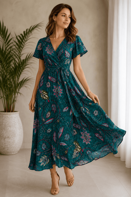 Image avec tissu à motif 100 % viscose sur fond pétrole 90 g/m² – disponible chez Šarlotes audumi