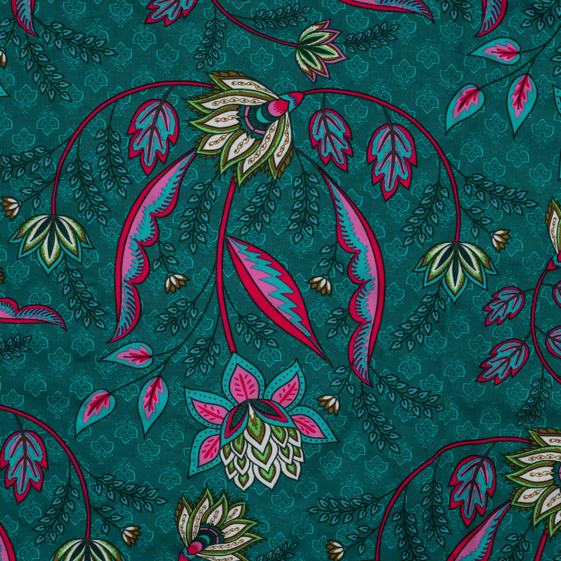 Image avec tissu 100 % viscose à motif sur fond pétrole 90 g/m² – disponible chez Šarlotes audumi