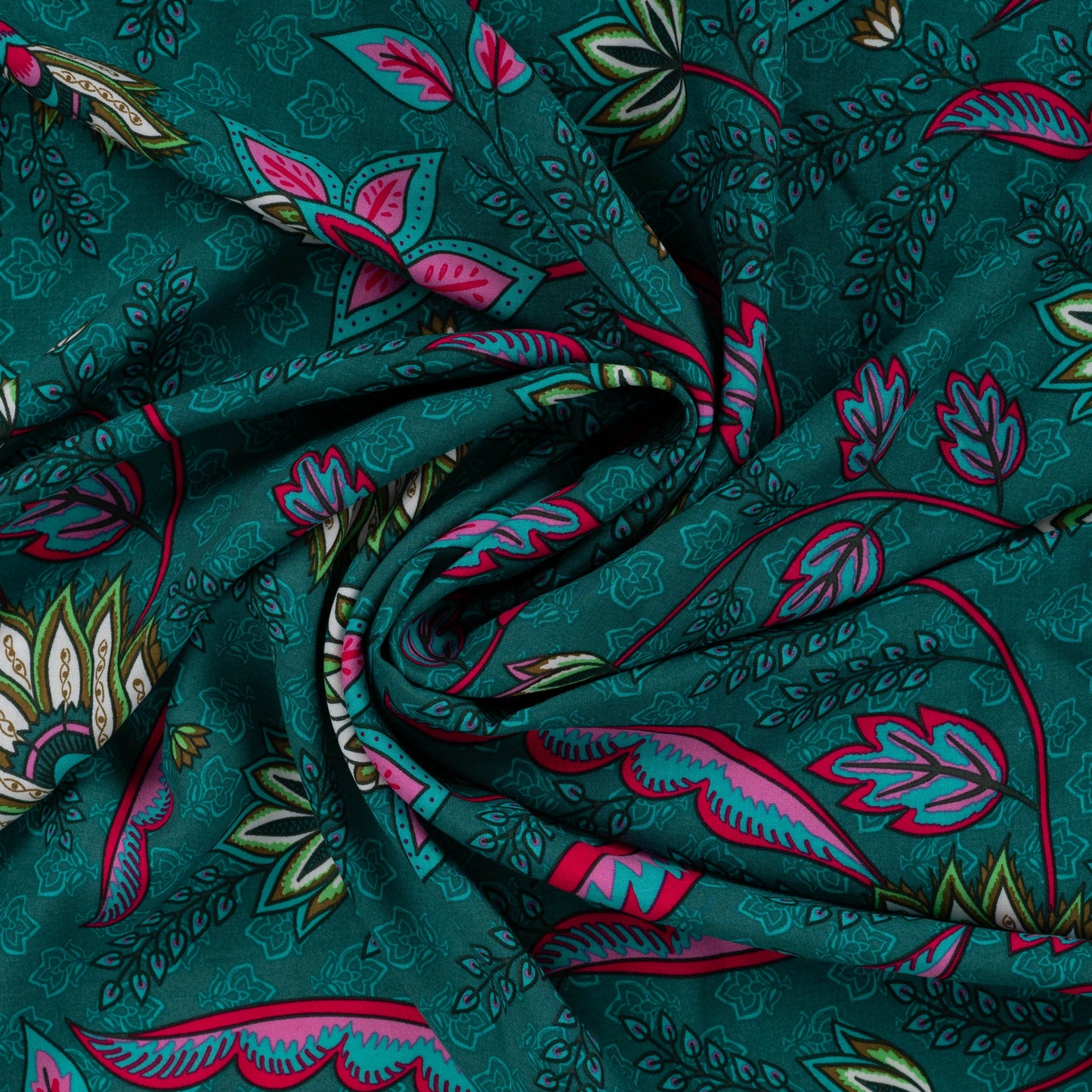 Image avec motif en tissu 100 % viscose sur fond pétrole 90 g/m² – disponible chez Šarlotes audumi