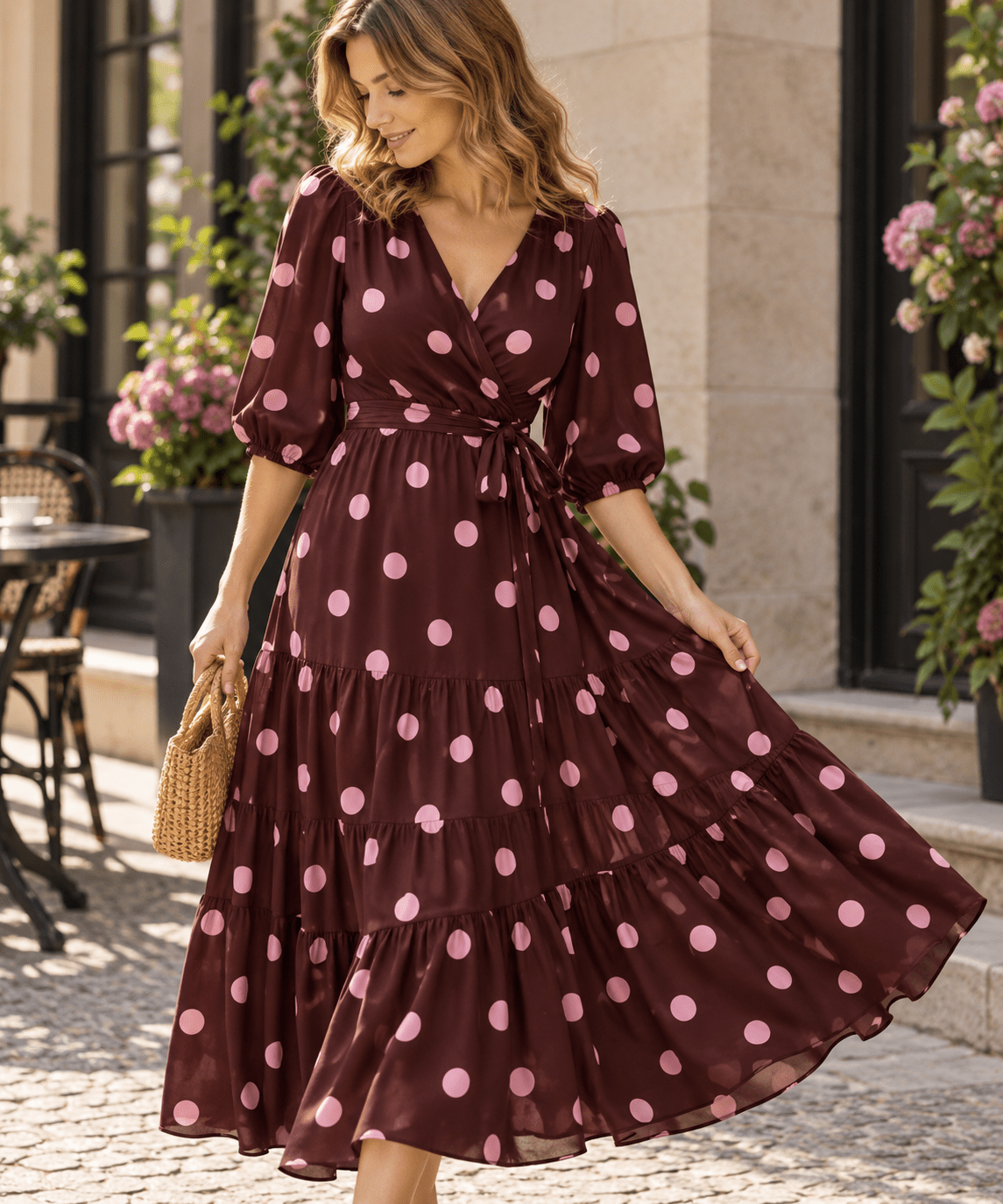 Image du tissu 100 % viscose, cercles roses sur fond bordeaux – disponible en ligne chez Šarlotes audumi
