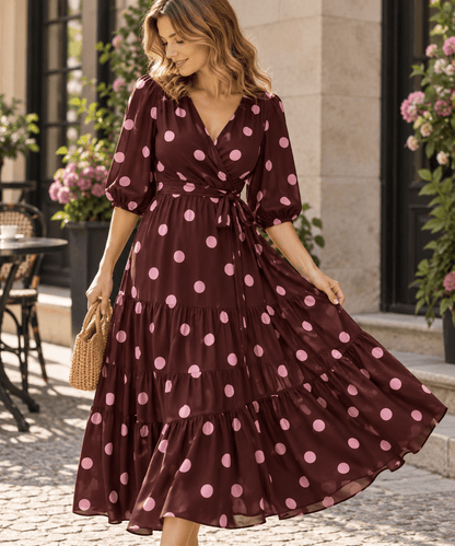 Image du tissu 100 % viscose, cercles roses sur fond bordeaux – disponible en ligne chez Šarlotes audumi