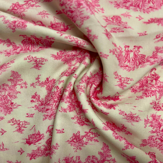 Tissu 100 % viscose - motif porcelaine rose 125 g/m²