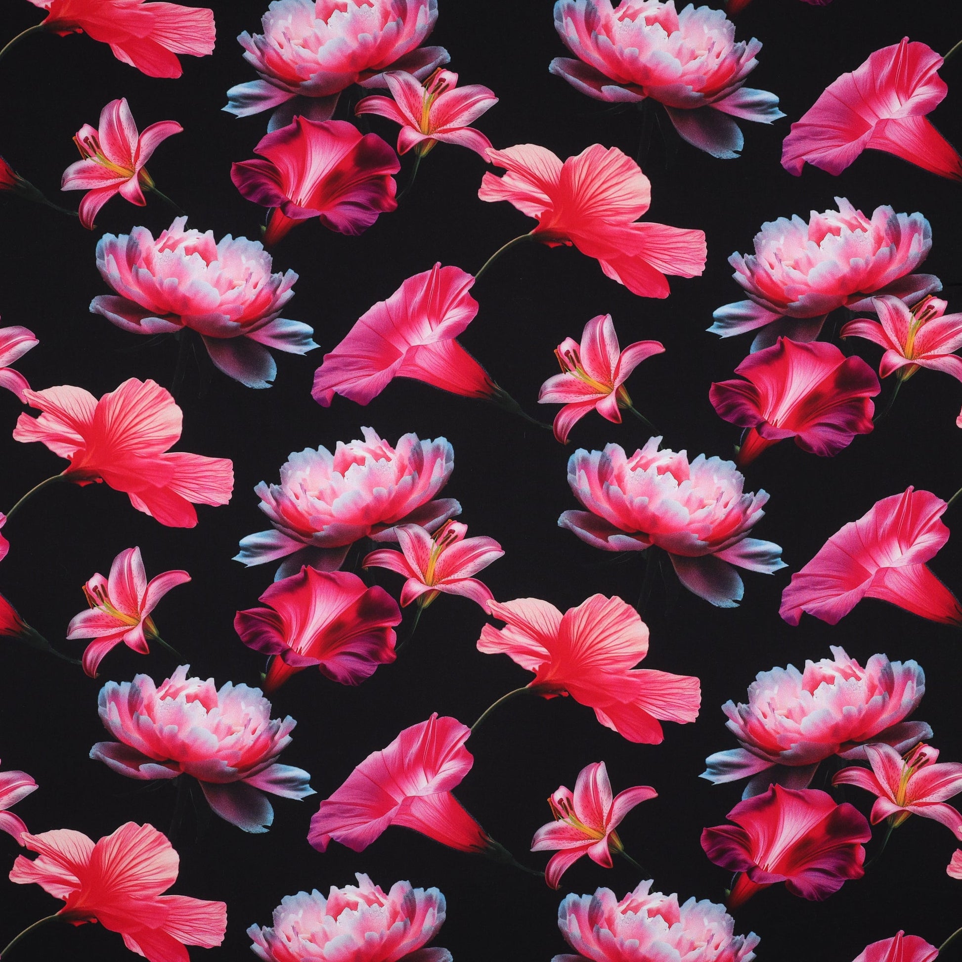 tissu en viscose 100 % - fleurs roses sur fond noir 110 g/m²