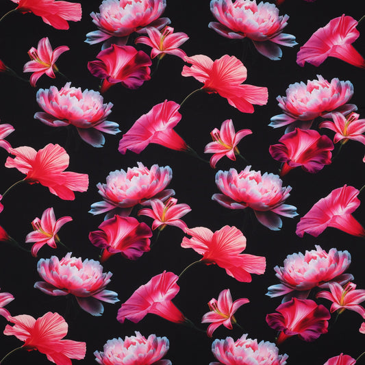tissu en viscose 100 % - fleurs roses sur fond noir 110 g/m²