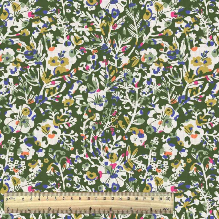 Tissu 100 % viscose - motif floral vert 125 g/m²