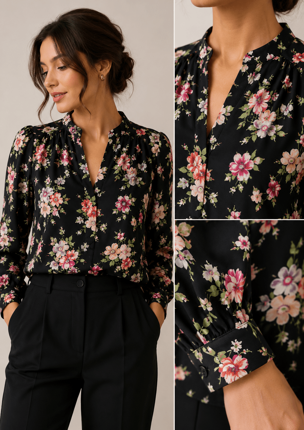 Image de tissu 100 % viscose, fleurs sur fond noir, 100 g/m² – disponible chez Šarlotes audumi