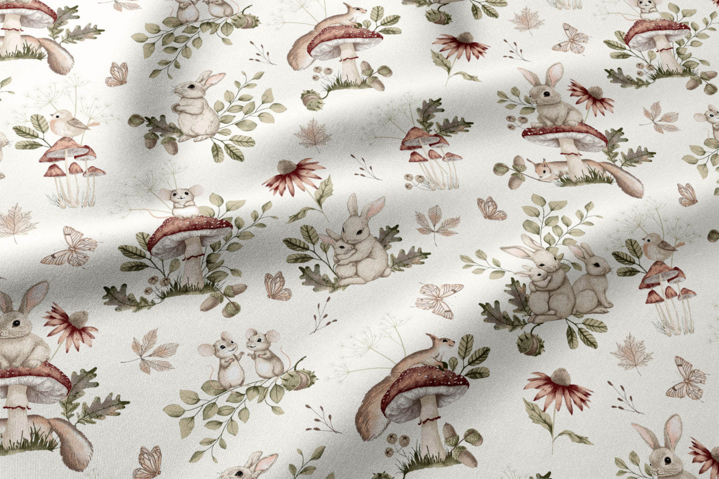 100% Baumwollstoff – Pilze und Waldtiere
