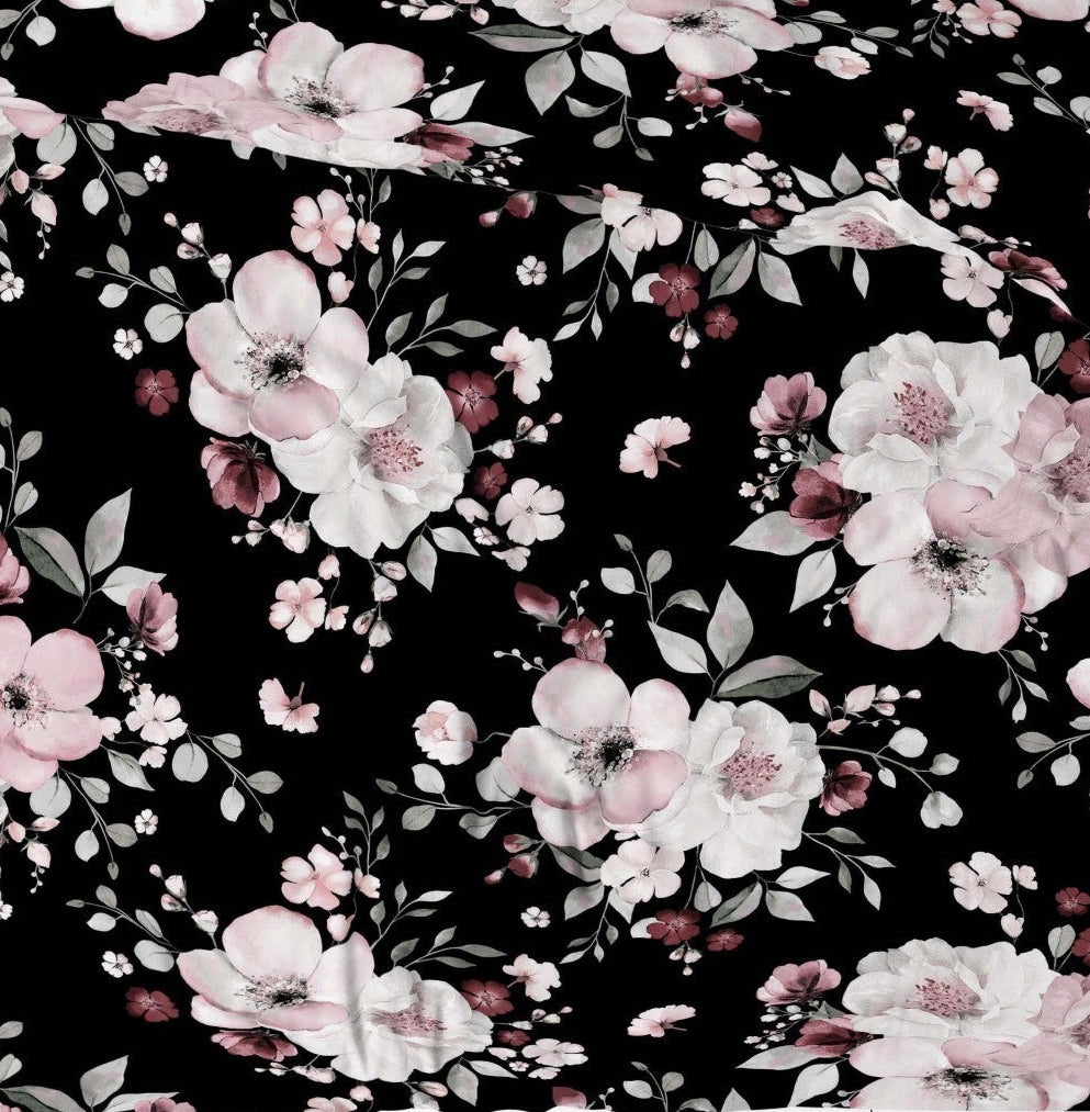 Tissu 100 % coton - fleurs de cerisier sur fond noir