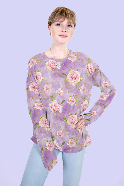 Baumwoll-Loopstrick mit Rosen auf Flieder